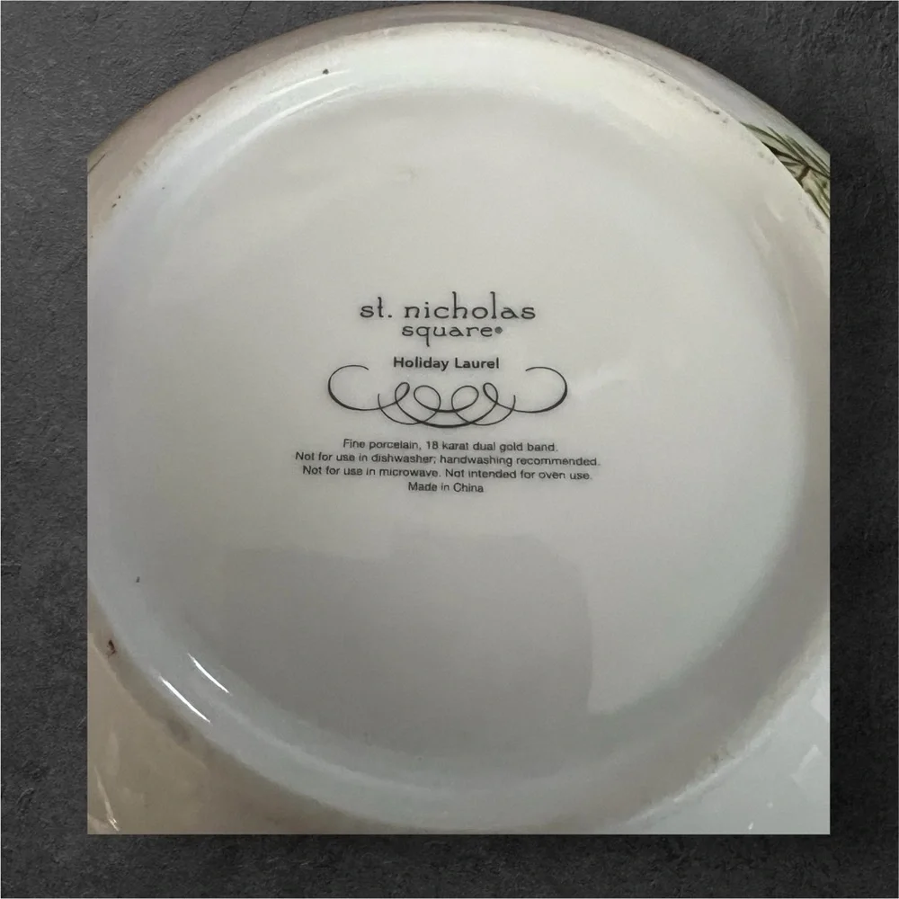 St. Nicholas Square Holiday Laurel Serving Bowl. 18K dual gold band. 9.5”.